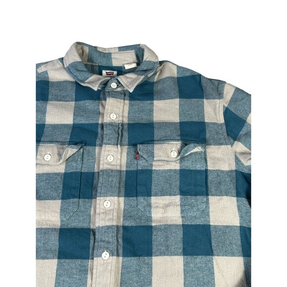Levi's Flannel Button Up Shirt Teal Plaid Men's XL Soft Cotton Casual Workwear - Picture 2 of 8